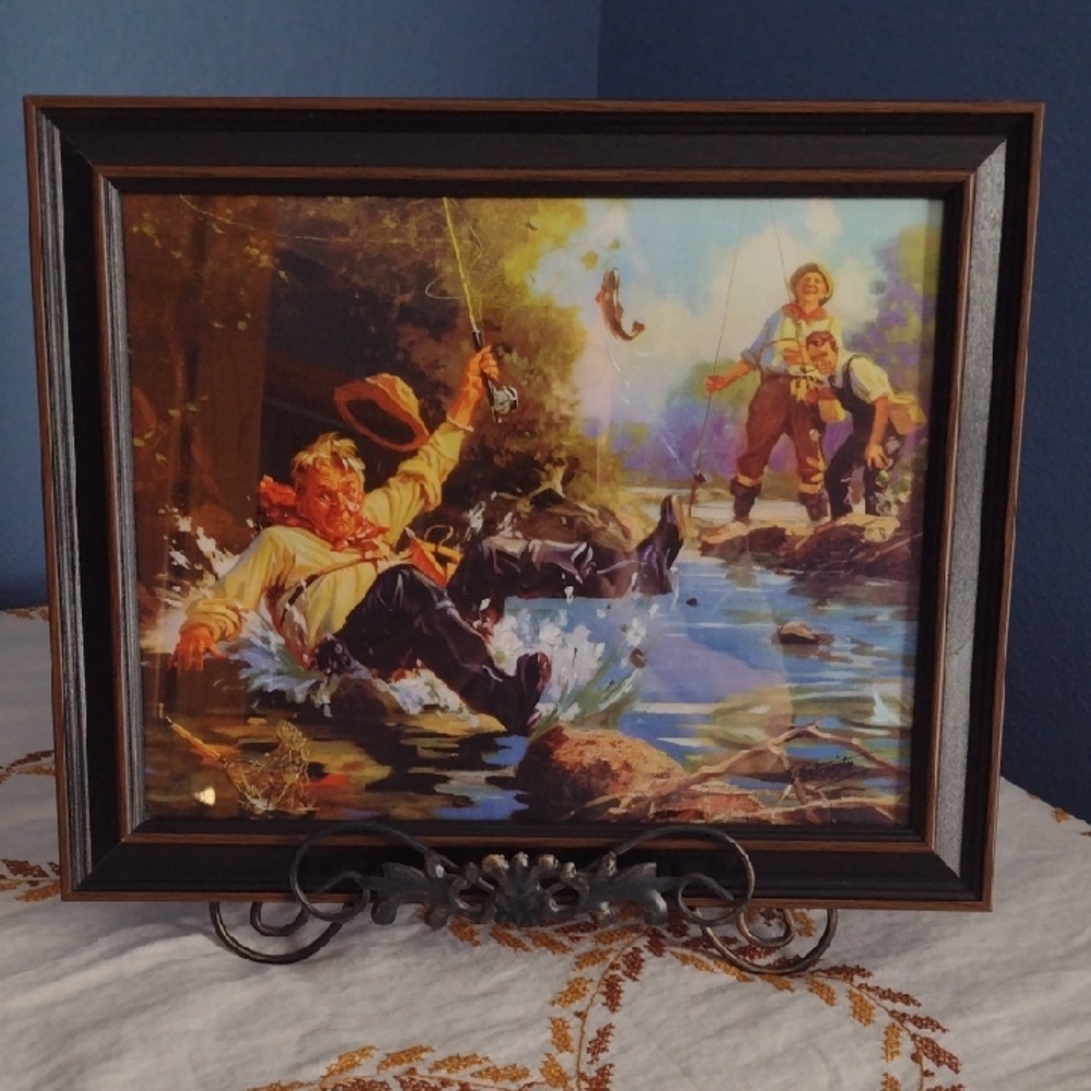 Hy Hintermeister Vintage Gone Fishing Scene Framed Art